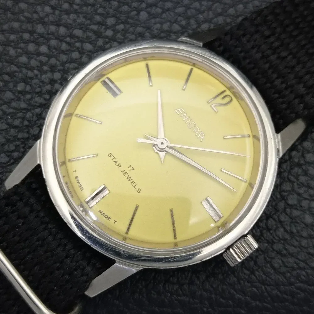 Vintage 1984 Enicar Automatic Mens Silver Watch & Yellow accents